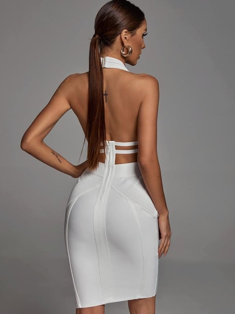 Meshki - White Backless Halter Bodycon Mini Dress | V-Neck Ribbed